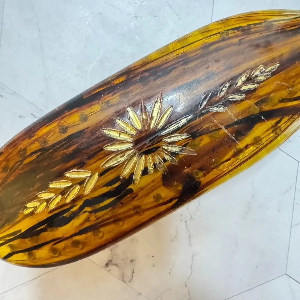 Vintage Amber Lucite Hair Brush Faux Tortoise Shell Nylon Bristles Floral Enamel